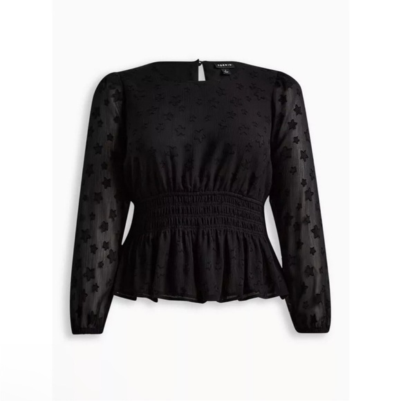 Torrid Women’s Stars Smocked Waist Crinkle Chiffon Puff Sleeve Top 5X Black NWT - Picture 11 of 11